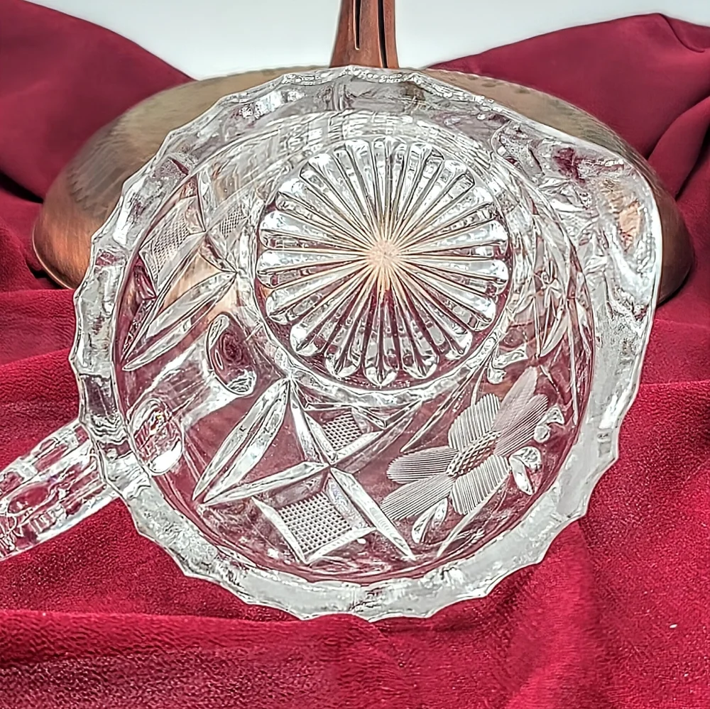 Pressed Crystal Creamer Sugar Bowl Lid Tray Floral Daisy Diamond Pattern Vintage
